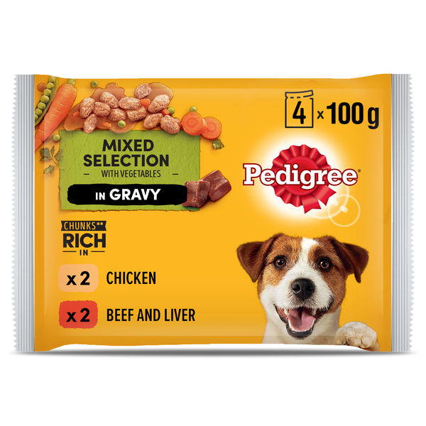 Pedigree Dog Food Pouch with Chicken, Beef &amp; Liver in Gravy-Adult-4 Pack