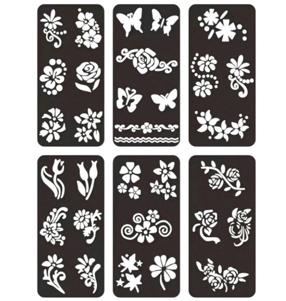 6 Piece - Delicate Floral Flower Temporary Tattoo - Black