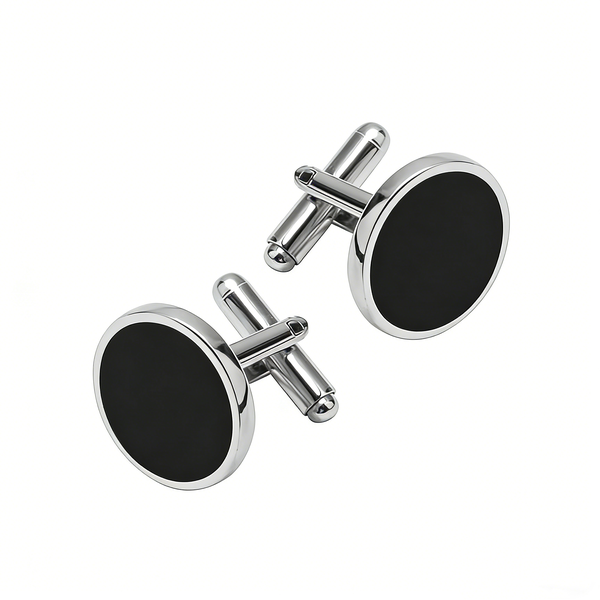 Cufflink for Men Cuff Links Mens Round Shape Black Onyx Silver Base Classic