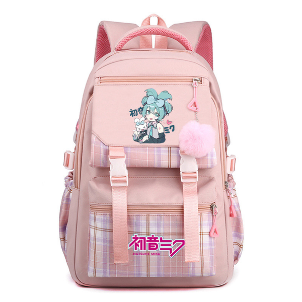 Student Schoolbag Hatsune Miku Plaid fabric Nylon Backpack Boys and Girls