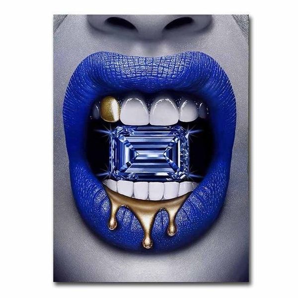 Canvas Wall Art - Blue &amp; Gold Lips Artwork