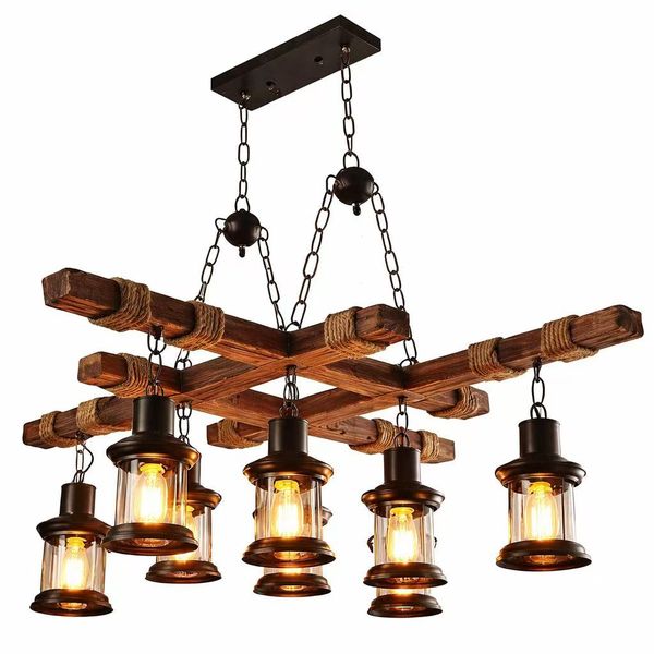 Rustic Farmhouse Wooden Lantern Chandelier - 8 Light