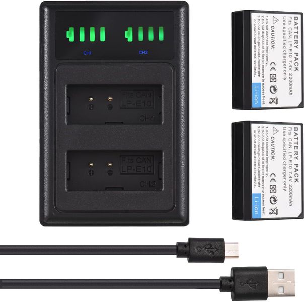 LP-E10 2 Slot Charger with LED Indicators 2 x LP-E10 7.4V 2200mAh Batteries