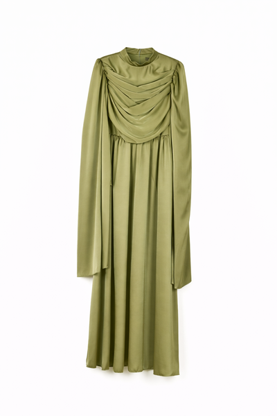 Elegant Draped Floor Length Modest Dress with Pleating - Light Brown
