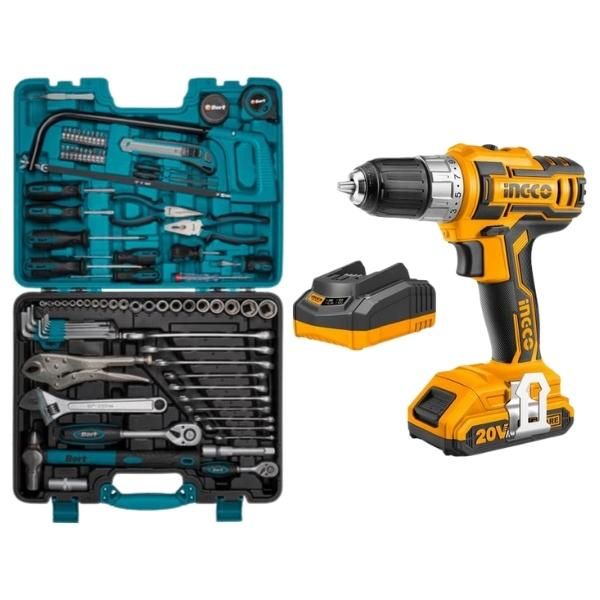 Ingco - Cordless Drill Combo (20V) and Mechanics DIY Tool Set (86 Pieces)