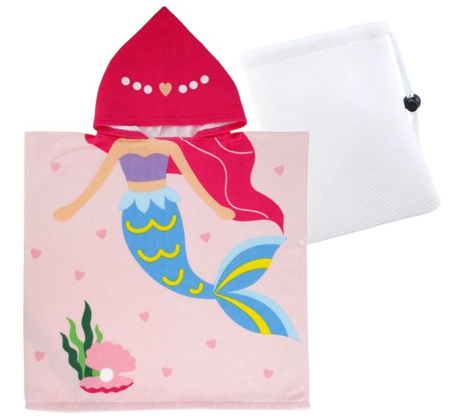 Mermaid Kids Hooded Beach Towel Poncho with Mesh Bag - Quick-Dry