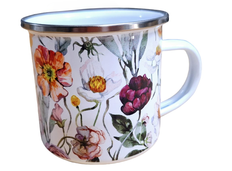 Beautiful Enamel Mug - Peach, White, Orange &amp; Maroon Flowers