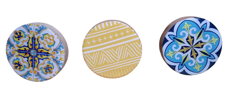 3 Doorknobs - Yellow with Assorted Cross &amp; Stripe Patterns