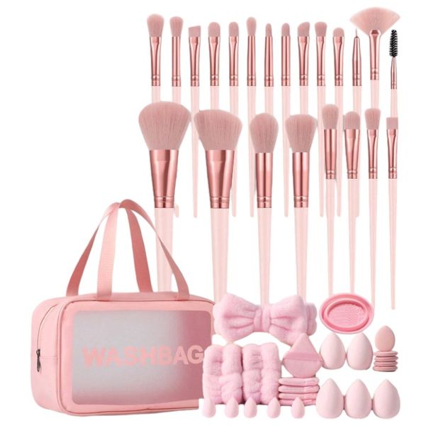 47 Piece Makeup Brush Set With Beauty Sponges &amp; Makeup Travel Bag - Pink