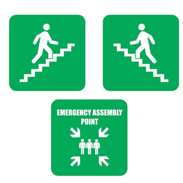 Safety Signs - 3Pc - Stairs Up, Stairs Down, Assembly Point - 19cm x 19cm