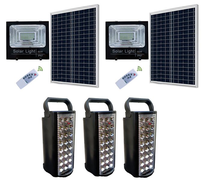 2Pcs of 60W LED Flood Light(With Solar Panel)+3Pcs of LED Emergency Light