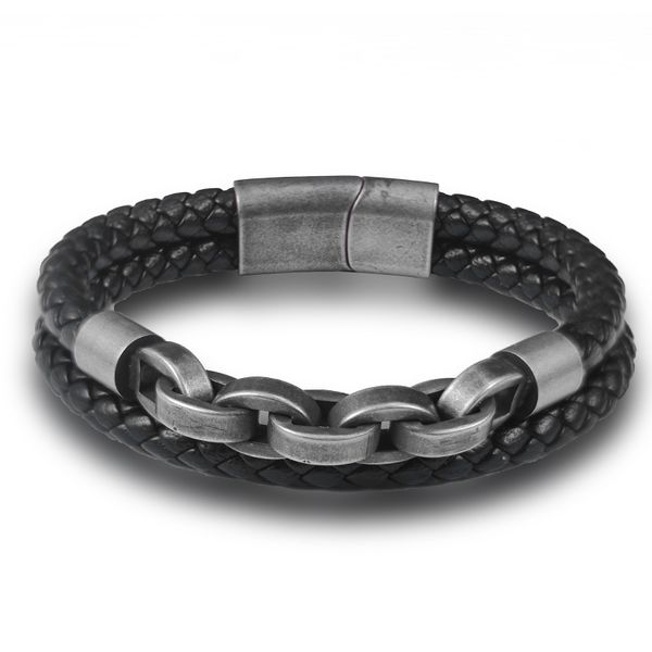 Fashion Multi layered Stainless Steel Charm Viking Leather Bracelet Men's