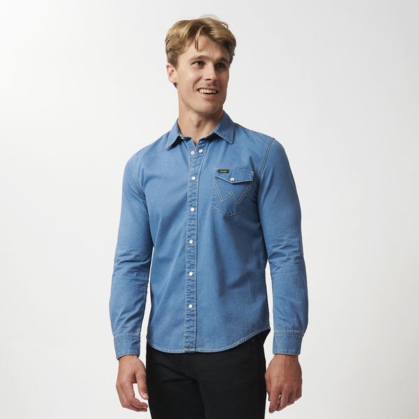 Wrangler Men's Cotton Long Sleeve Regular Casual Shirt - Medium Blue