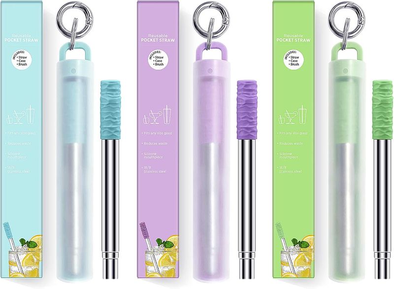 Metal Straws 3 Pack Reusable Collapsible Stainless Steel Straw