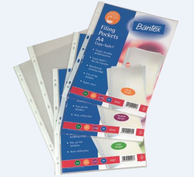 Bantex 'Copy-Safe' Multi-Punched A4 P.P Filing Pockets - 80micron (100 p/p)