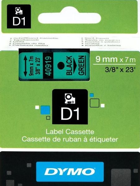 Dymo D1 Standard 9mm x 7m Black on Green Label Cassette