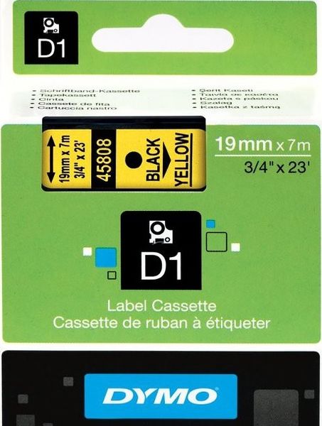 Dymo D1 Standard 19mm x 7m Black on Yellow Label Cassette