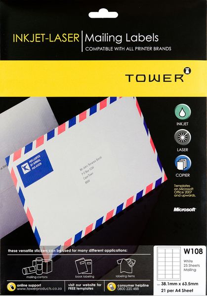 Tower A4 Self Adhesive Printable Labels - 25 Sheets