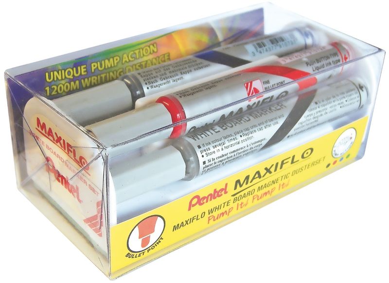 Pentel Maxiflo 4.0mm Bullet Tip Whiteboard Marker Magnetic Duster Set