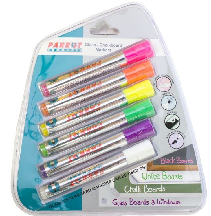 Parrot Glass/Chalkboard Bullet Tip Markers 6 Assorted Colours Buy
