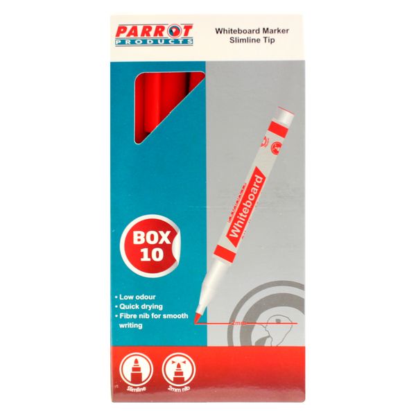 Parrot Products Whiteboard Marker Slimline - Red (Box of 10)