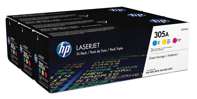 HP 305A 3-Pack Cyan/Magenta/Yellow LaserJet Toner Cartridges