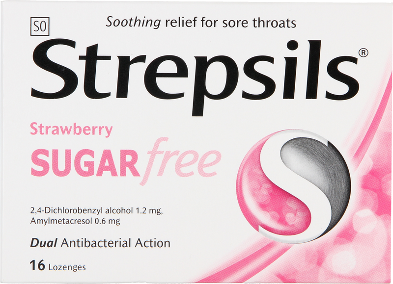Strepsils Strawberry Sugar Free, 16s, Sore Throat Lozenges
