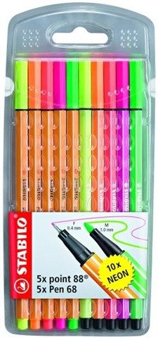 Stabilo Point 88 Fineliners &amp; Pen 68 Fibre-Tip Pens - Assorted Neon Colours (Wallet of 10)