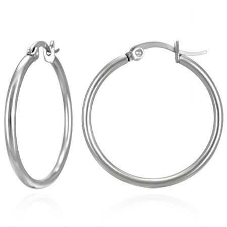 Jewelworx 28mm Stainless Steel Clip Back Round-Shaped Hollow Tube Hoop Earrings