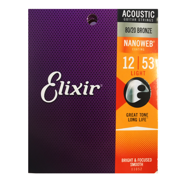 Elixir 11052 Nanoweb 80/20 Bronze Light Acoustic Guitar Strings (12-53)