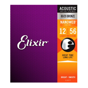 Elixir 11077 Nanoweb 80/20 Bronze Light-Medium Acoustic Guitar Strings (12-56)
