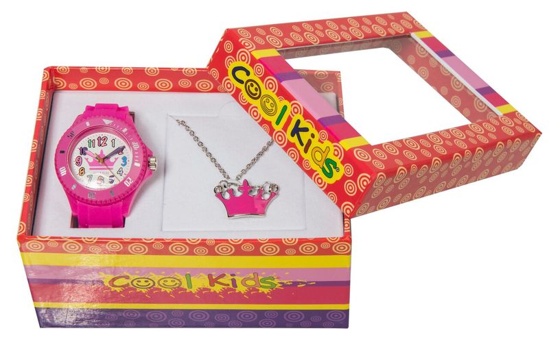 Cool Kids Girls Watch &amp; Tiara Pendant Set in Pink