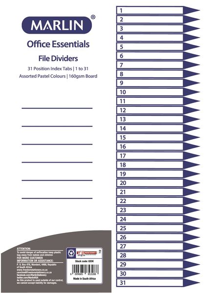 Marlin File 31 (1 - 31) Index Dividers 160gsm Pastel Board