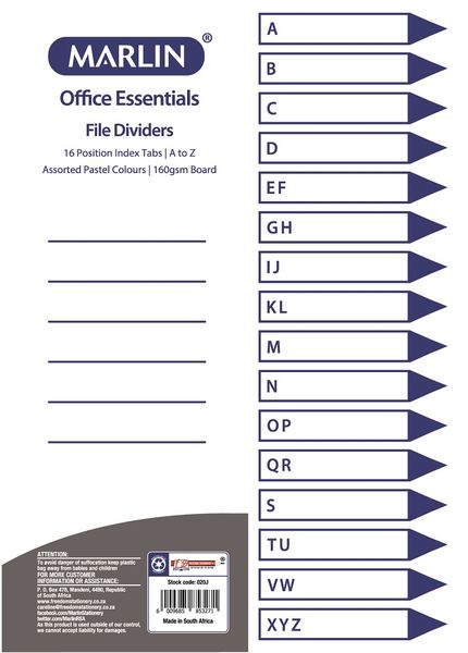Marlin File 16 (A - Z) Index Dividers 160gsm Pastel Colours