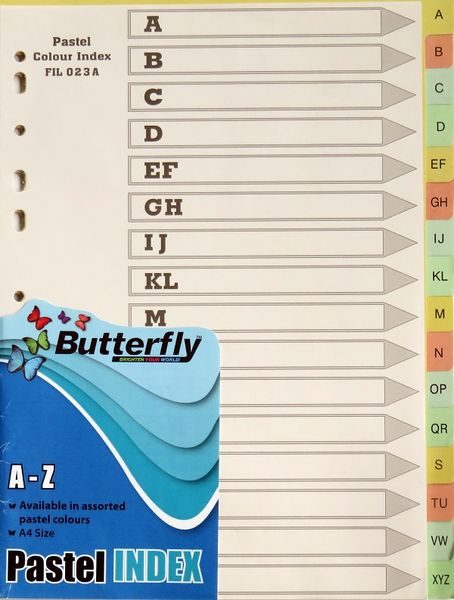 Butterfly A4 File Dividers Pastel Board - 16 Tab A-Z