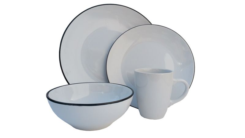Dinner Set 16 Pieces Glazed - White With Black Border