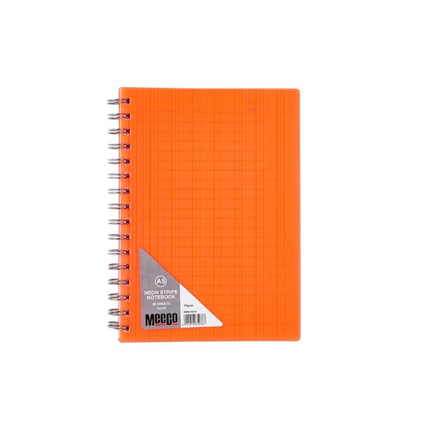 Meeco Neon Stripe A5 80 Ruled Sheets Spiral Bound Notebook - Orange