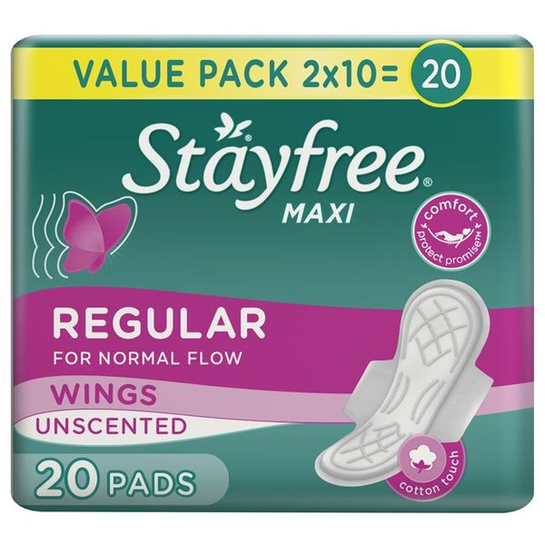 Stayfree®, Sanitary Pads, Maxi, Regular, Thick, Wings, Unscented, Pack of 20