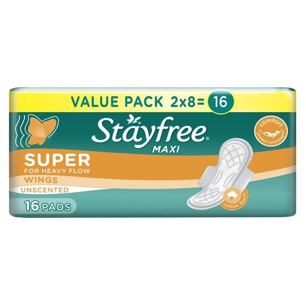 Stayfree®, Sanitary Pads, Maxi, Super, Thick, Wings, Unscented, Pack of 16