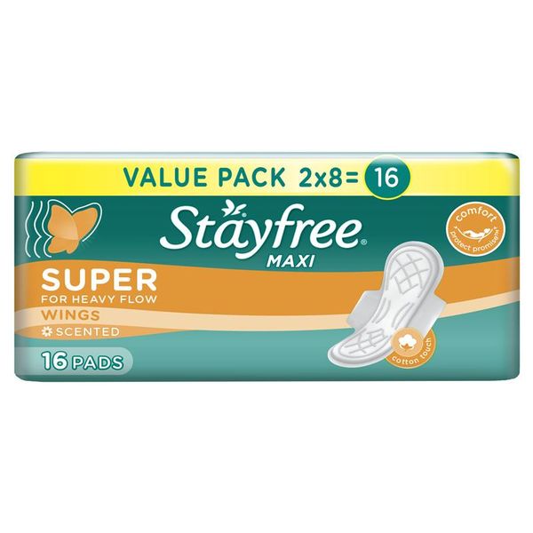 Stayfree®, Sanitary Pads, Maxi, Super Long, Thick, Wings, Scented, Pack of 16
