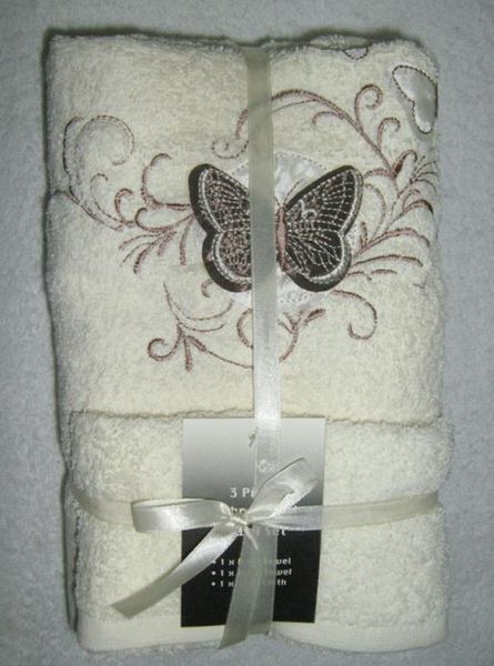 Zorbatex - 3 Piece Embroidered Butterfly Towel Gift Set - Beige