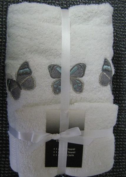 Zorbatex - 3 Piece Embroidered Multi-Butterflies Towel Gift Set - White