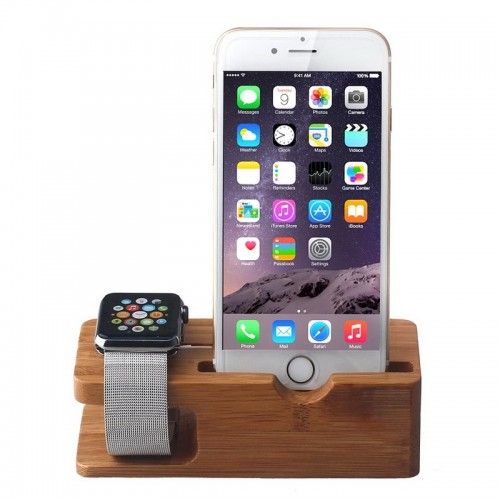 Tuff-Luv Moulded Bamboo Wood Charging Stand for Apple Watch &amp; iPhone 5s/5C/