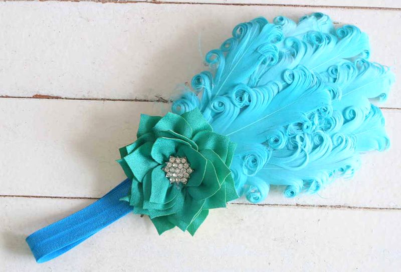 Elastic Vintage Feather Headband - Blue Feather &amp; Sea Green Flower