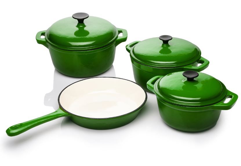 Rystel Seven Piece Cast Iron Enamel Cookware Pot Set Dark Green