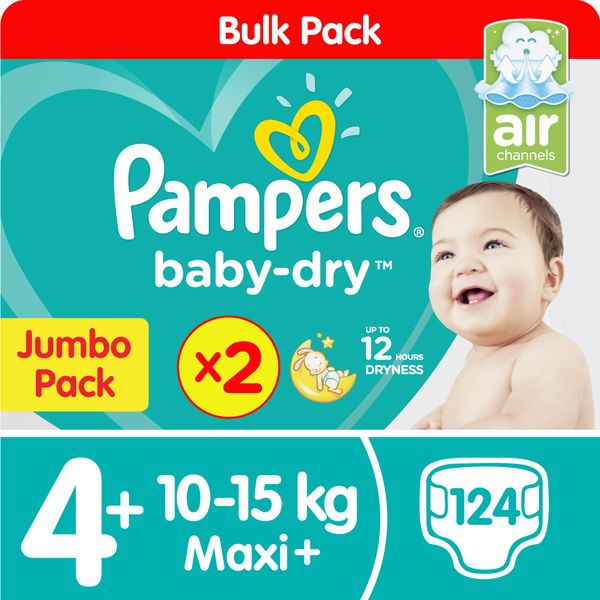 Pampers Baby Dry - Size 4+ Twin Jumbo - 2x62 Nappies