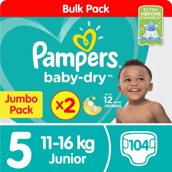 Pampers Baby Dry - Size 5 Twin Jumbo - 2x52 Nappies