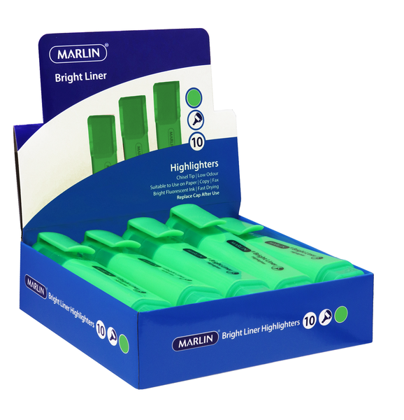 Marlin Bright Liners Highlighters - Green (Box of 10)