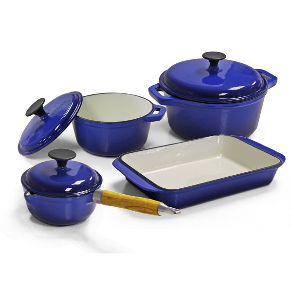 Walter and Jo - 7 Piece Cast Iron Enamel Cookware Set - Double Blue