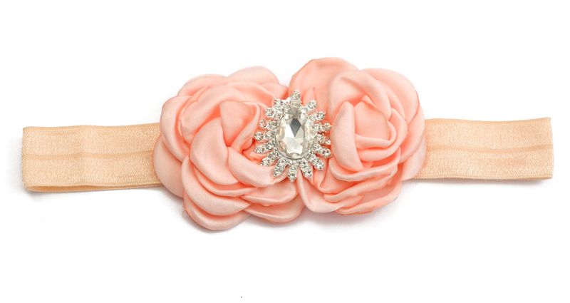Double Satin Flower &amp; Rhinestone Headband - Peach